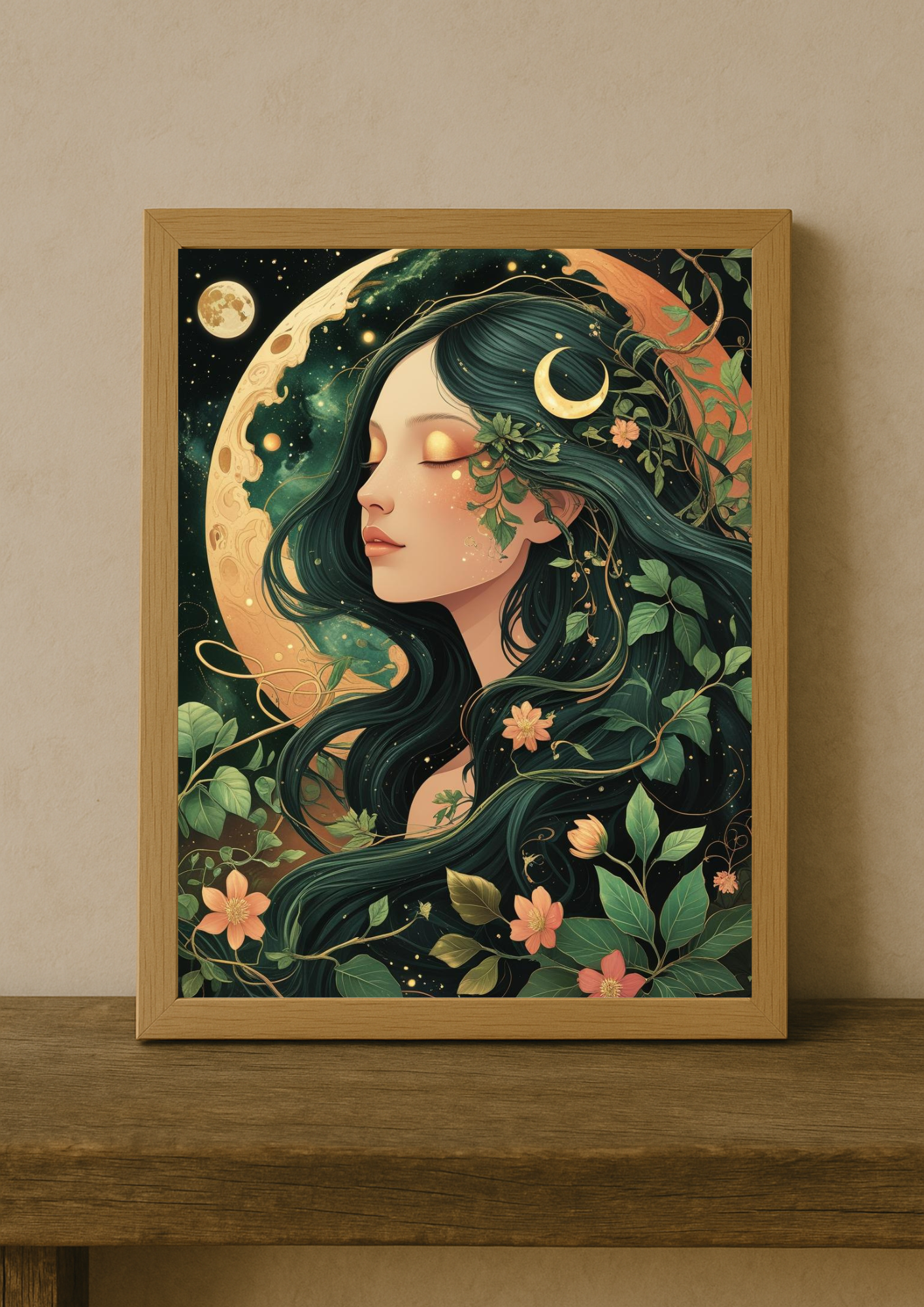 Affiche femme mystique nature – Illustration lunaire bohème – Décoration murale A4