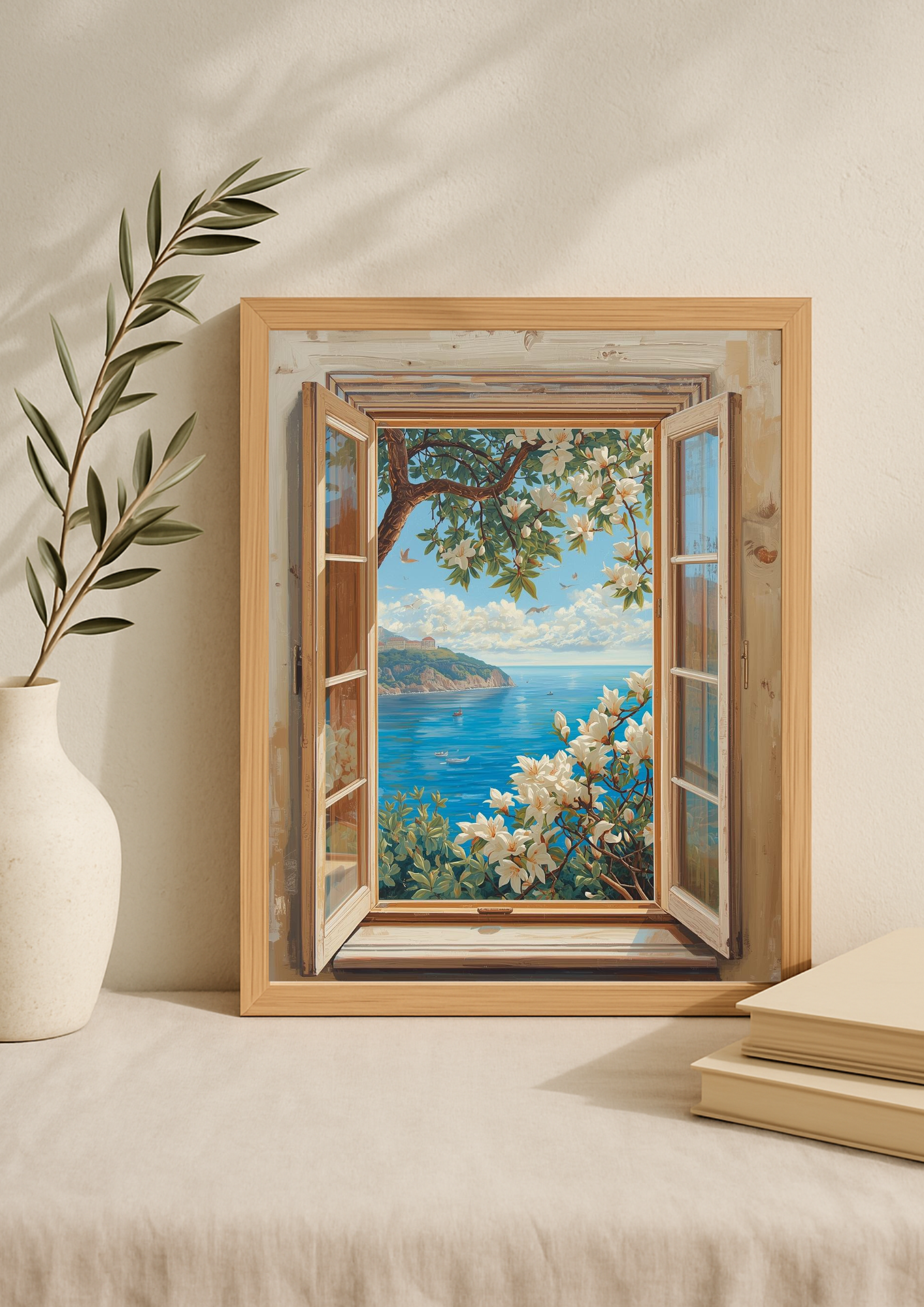 Affiche vue mer Méditerranée depuis fenêtre – paysage floral lumineux