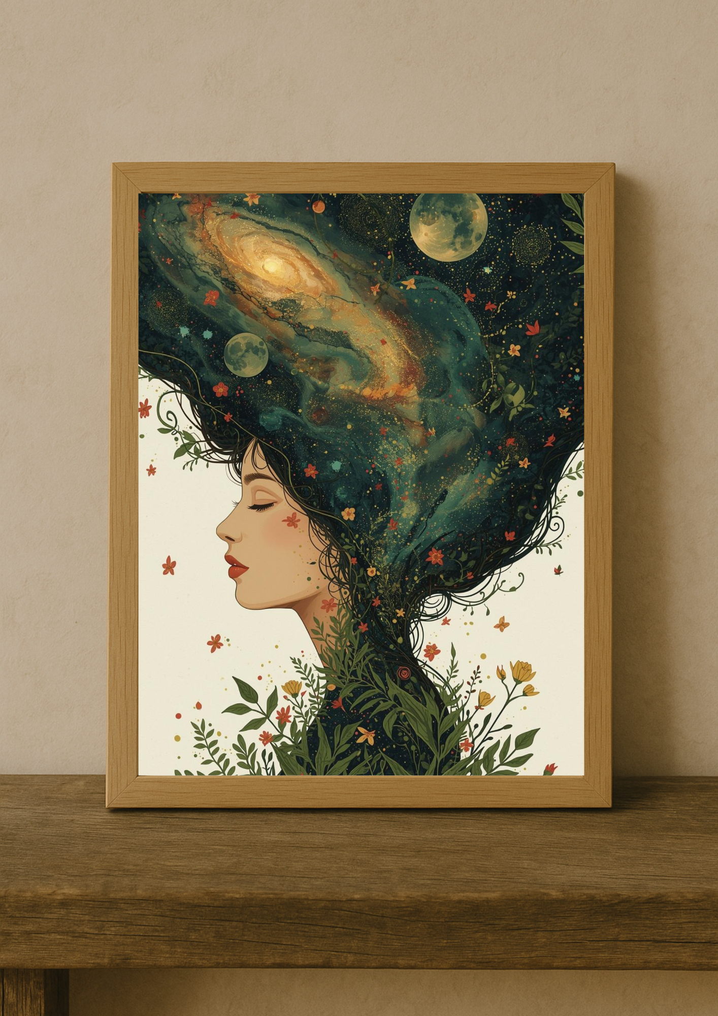 Affiche femme cosmique nature – Illustration poétique bohème
