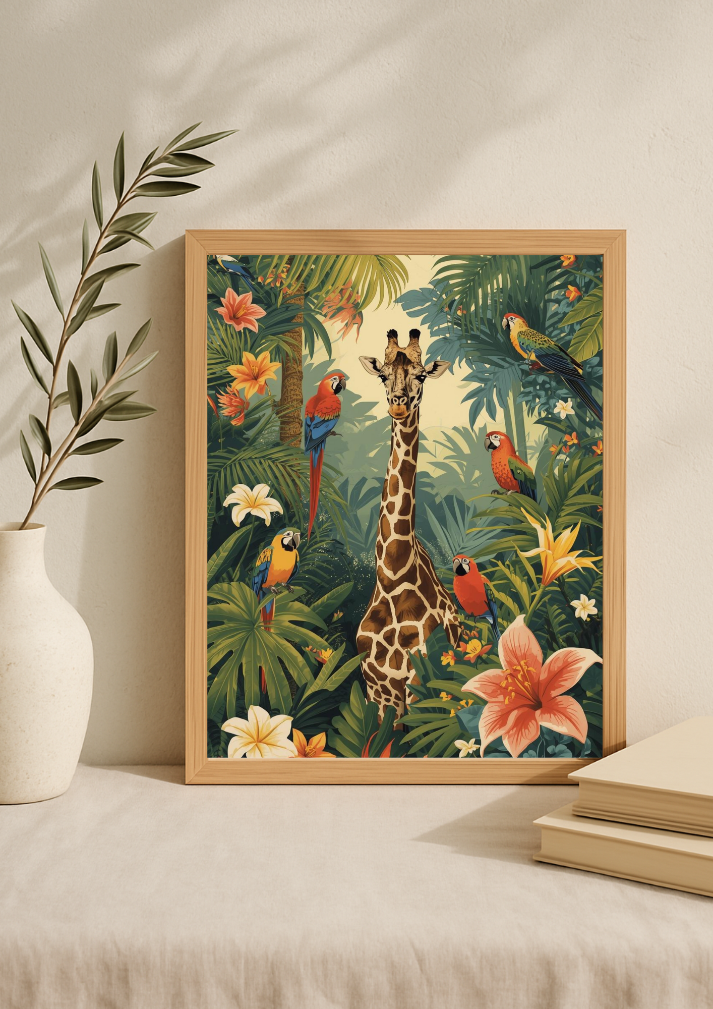 Affiche jungle colorée - Girafe - Fleurs éxotiques