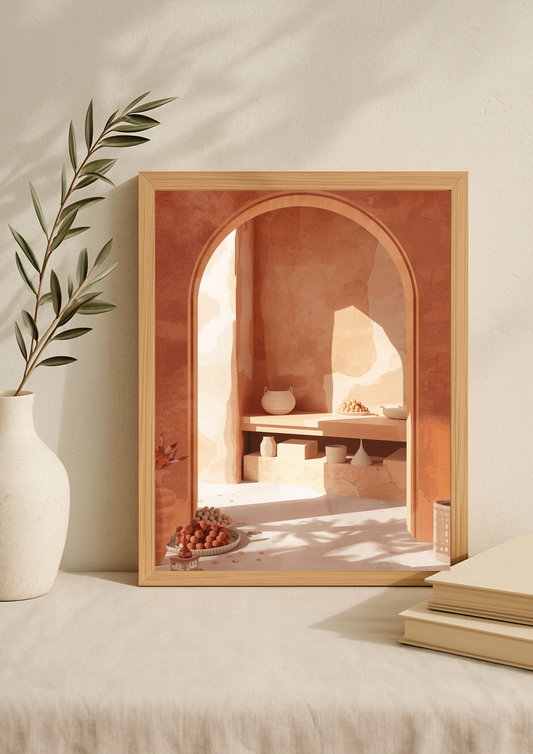 Affiche arche terracotta – architecture marocaine minimaliste – décoration murale méditerranéenne