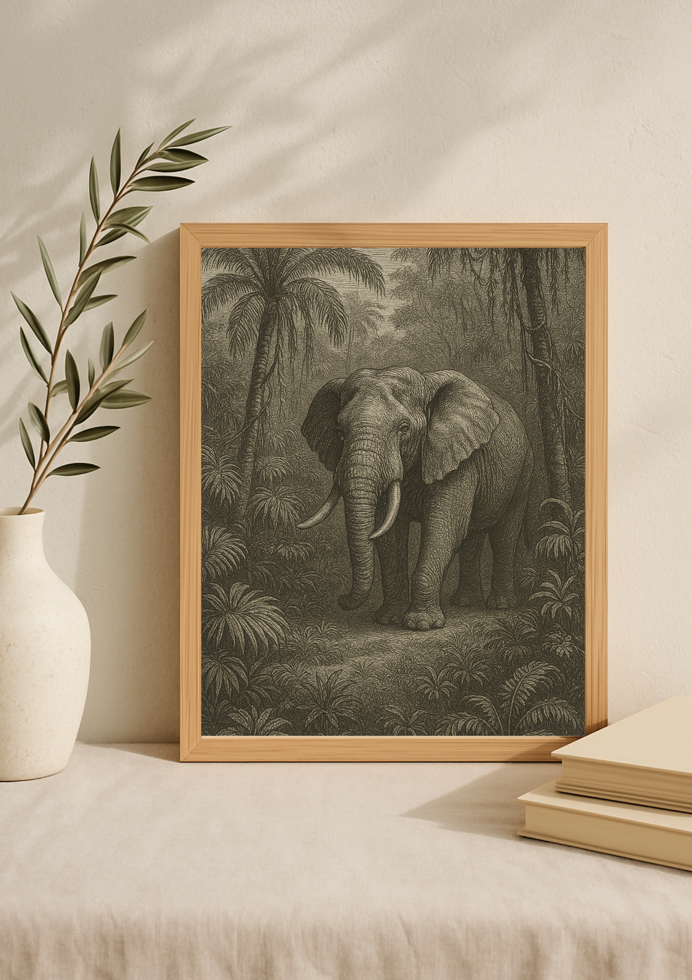 Affiche éléphant tropical style gravure ancienne – animal sauvage – jungle sauvage - forêt tropical
