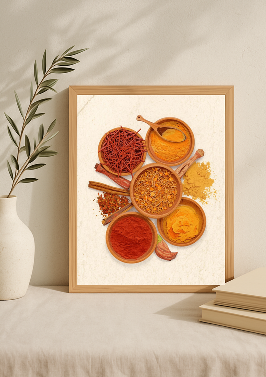 Affiche épices marocaines – safran, curcuma et paprika – décoration murale orientale