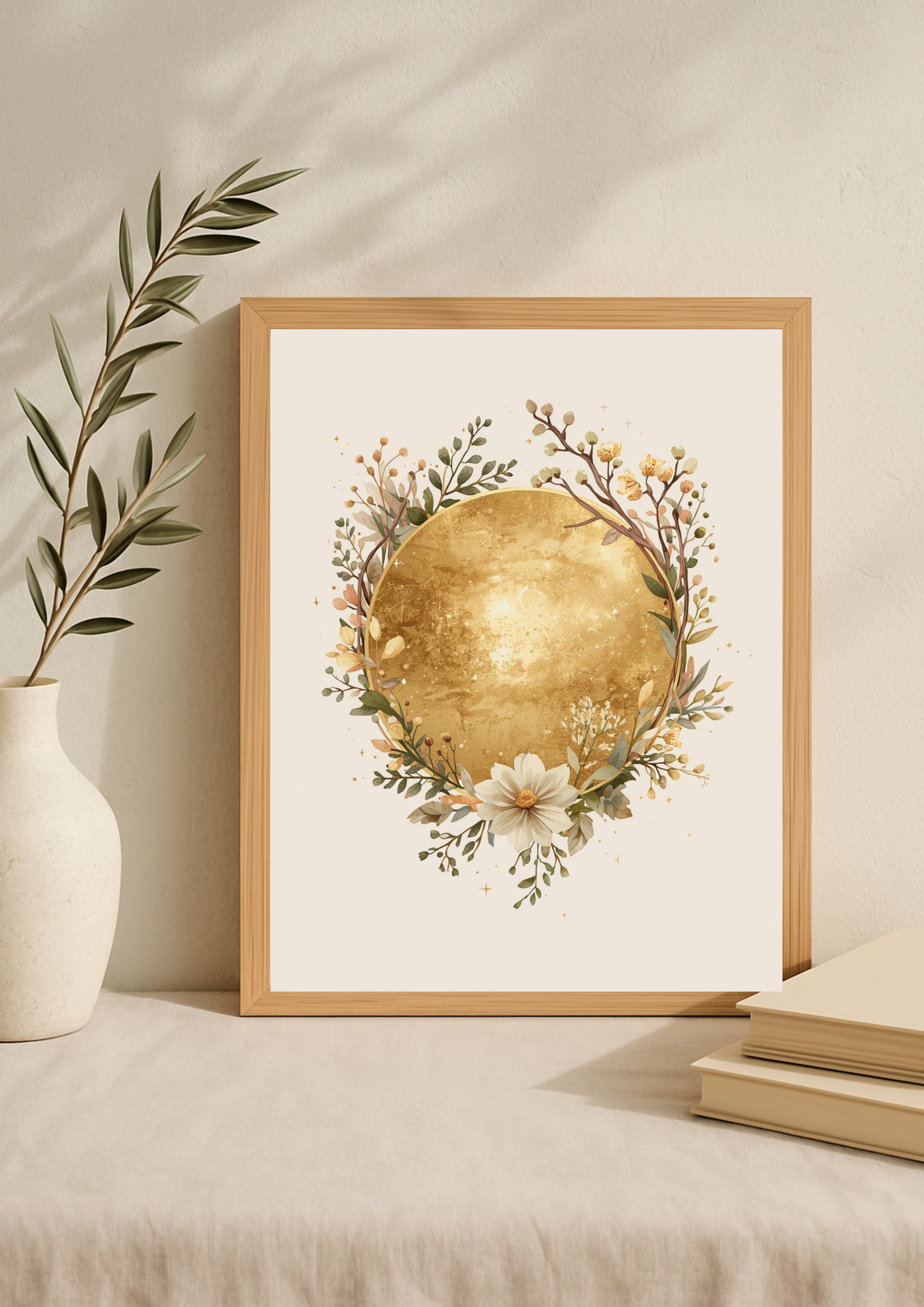 Affiche lune dorée florale – décoration murale bohème élégante - art mural mystique floral