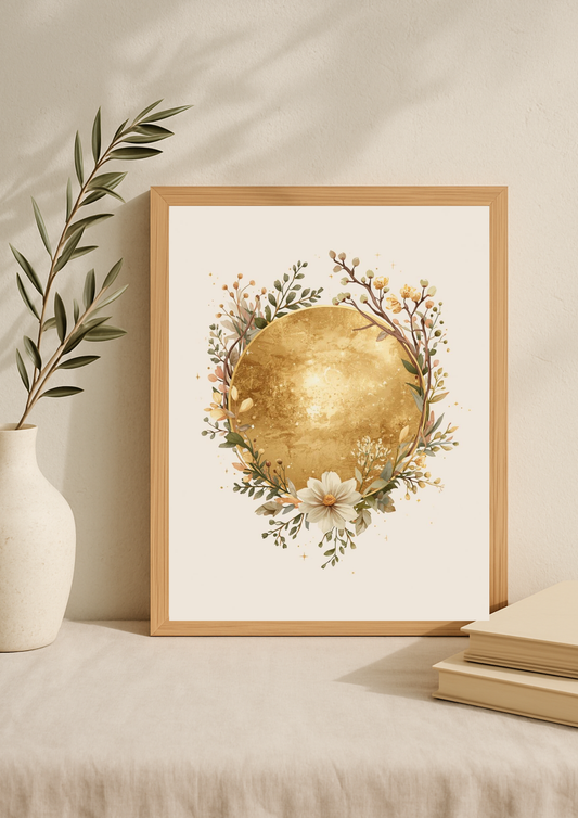 Affiche lune dorée florale – décoration murale bohème élégante - art mural mystique floral