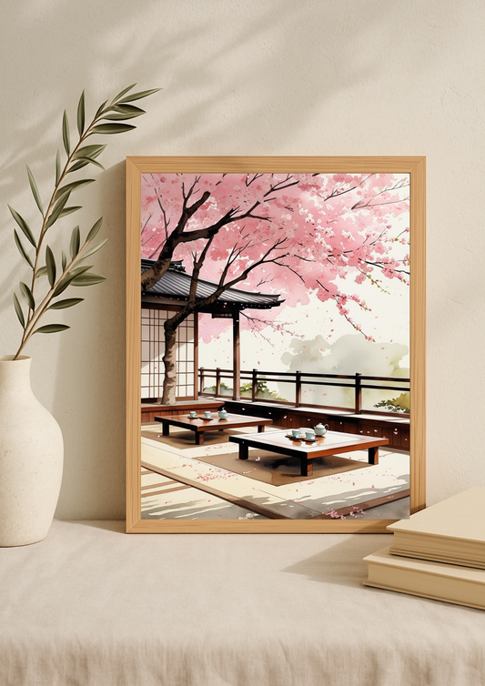 Affiche Kyoto - Terrasse Japonaise - Fleurs de cerisier