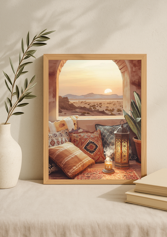 Affiche désert oriental au coucher de soleil – ambiance riad et lanterne