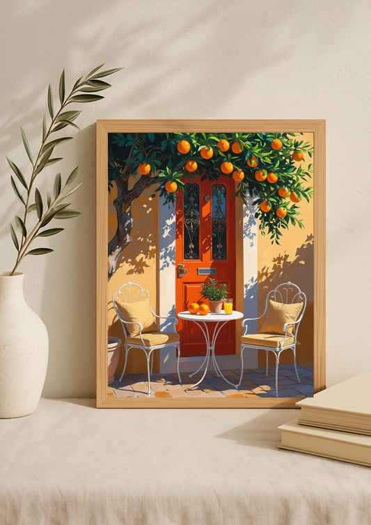 Affiche méditerranéenne – Terrasse avec porte colorée et oranger – Décoration murale