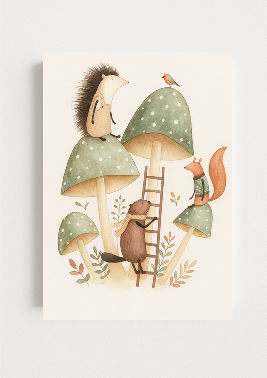 Affiche animaux de la forêt champignons  – illustration printemps chambre bébé - Univers poétique et minimaliste