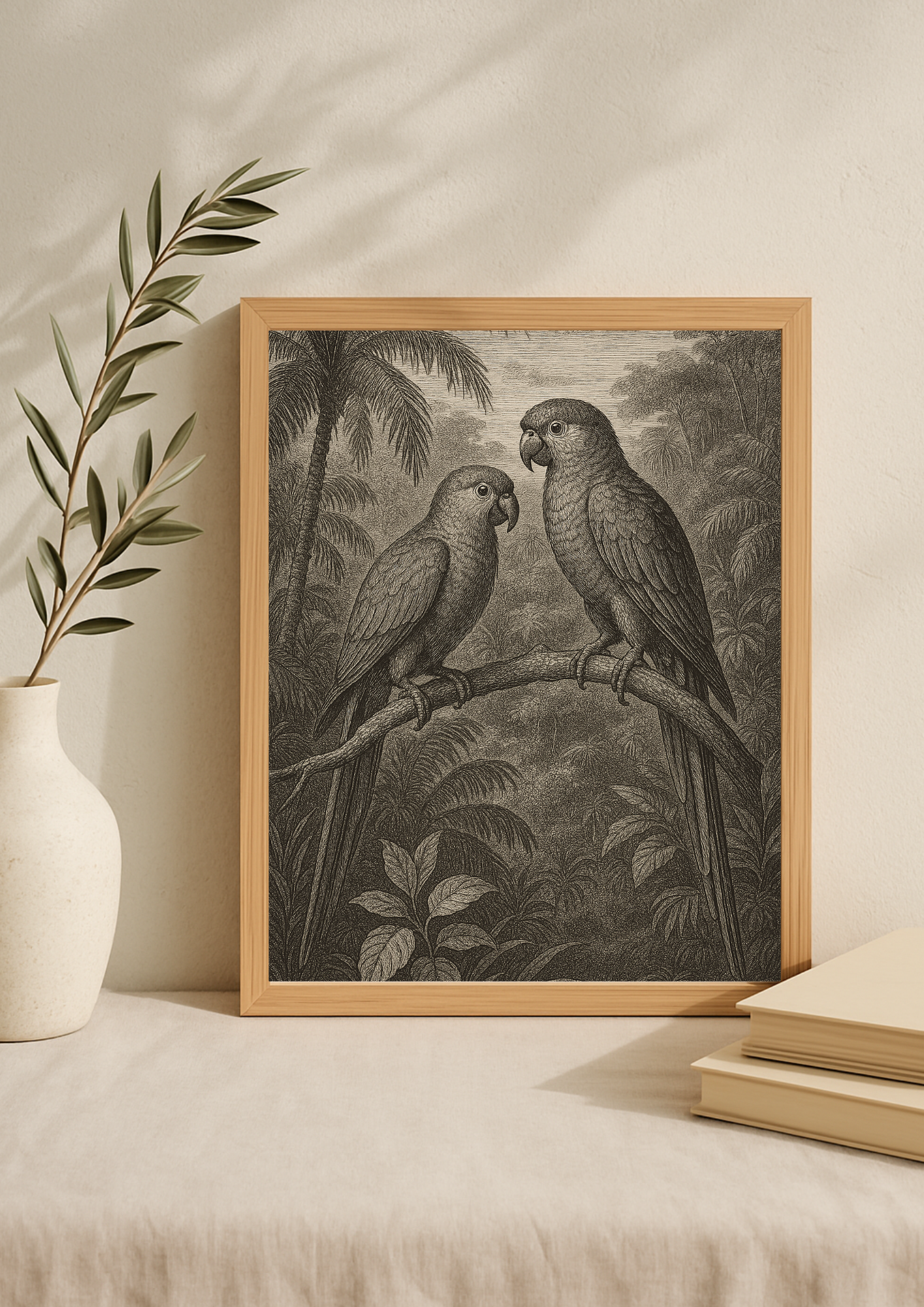 affiche oiseaux tropicaux style gravure ancienne – perroquets jungle - forêt tropical