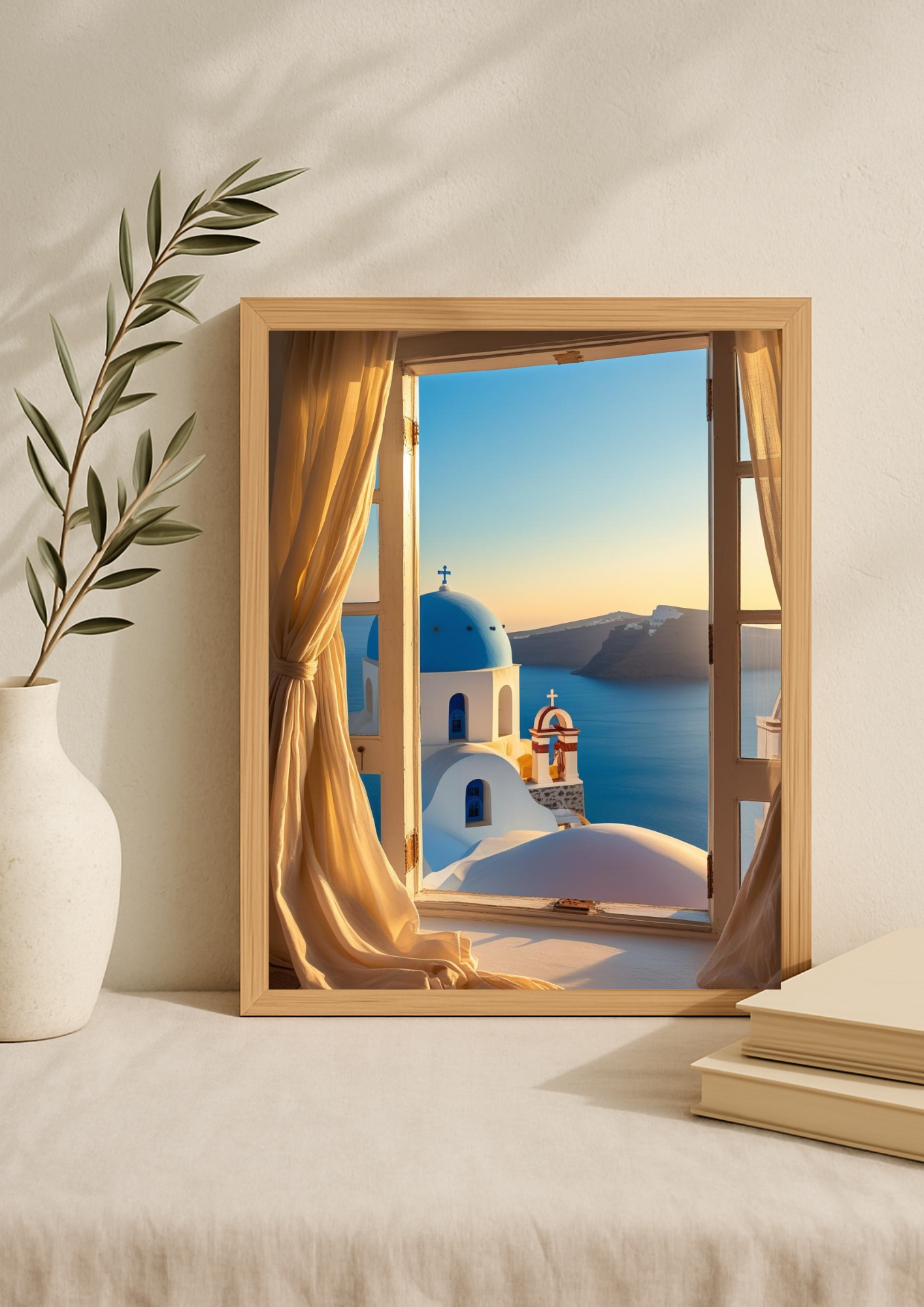 Affiche fenêtre sur Santorin au coucher de soleil – vue mer Égée