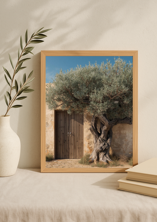 Affiche portail en bois et oliviers – décoration murale style provençal