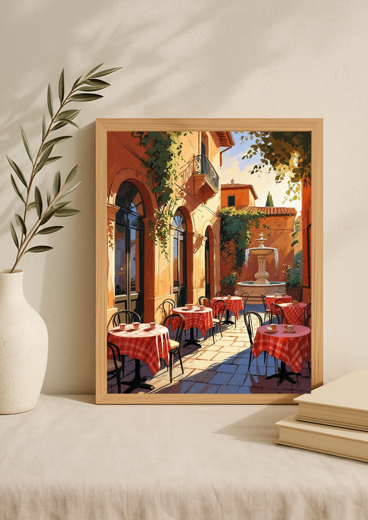 Affiche ambiance italienne – Terrasse de café avec tables et fontaine – Décoration murale