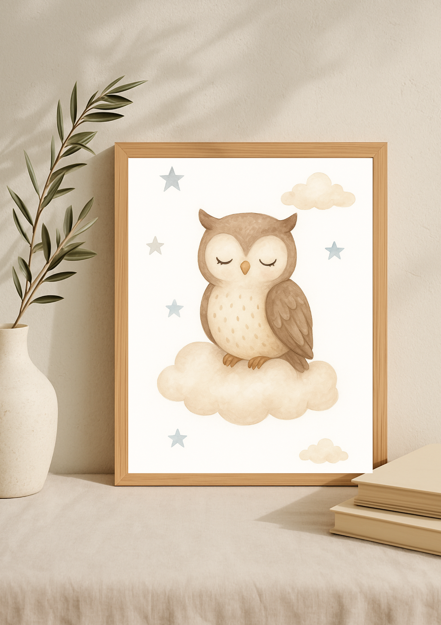 Affiche Hibou Endormi – Aquarelle pour Chambre d'Enfant– illustration chambre bébé - Univers poétique et minimaliste