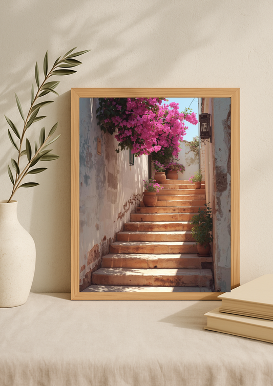 Affiche escalier méditerranéen avec bougainvillier rose – décoration murale sud