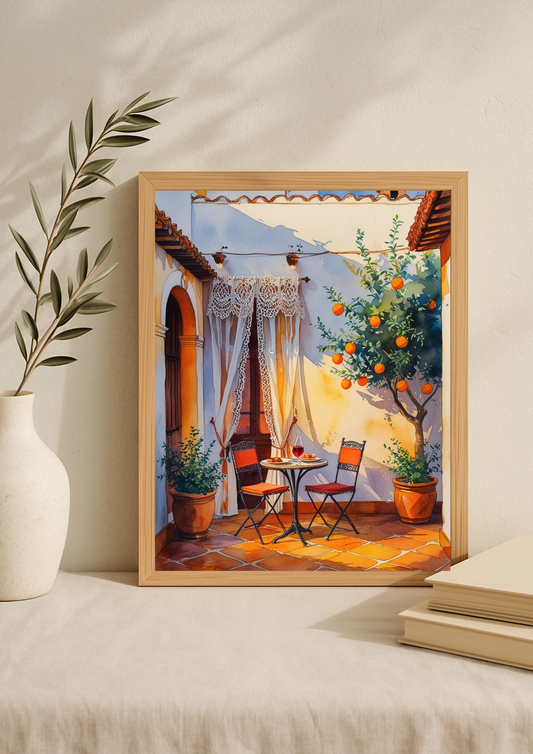 Affiche cour méditerranéenne – Oranger et terrasse ensoleillée – Décoration murale