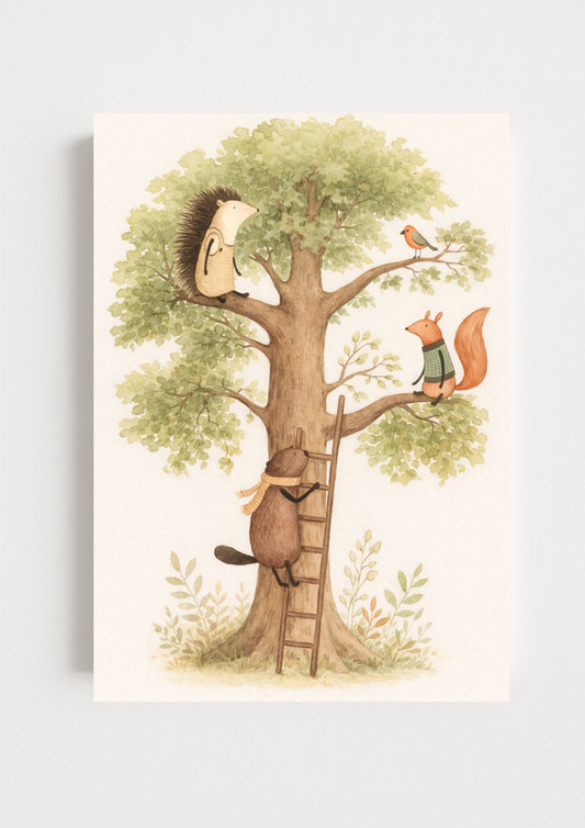 Affiche animaux de la forêt arbre – illustration printemps chambre bébé - Univers poétique et minimaliste