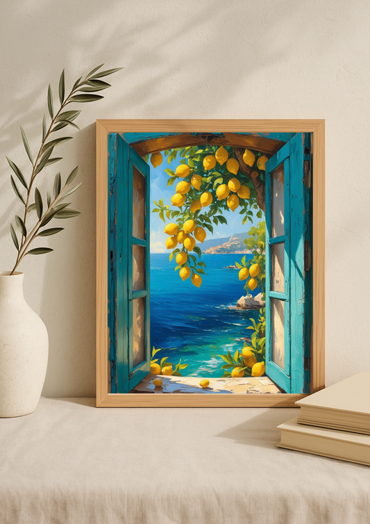 Affiche fenêtre citronnier vue mer – paysage méditerranéen lumineux