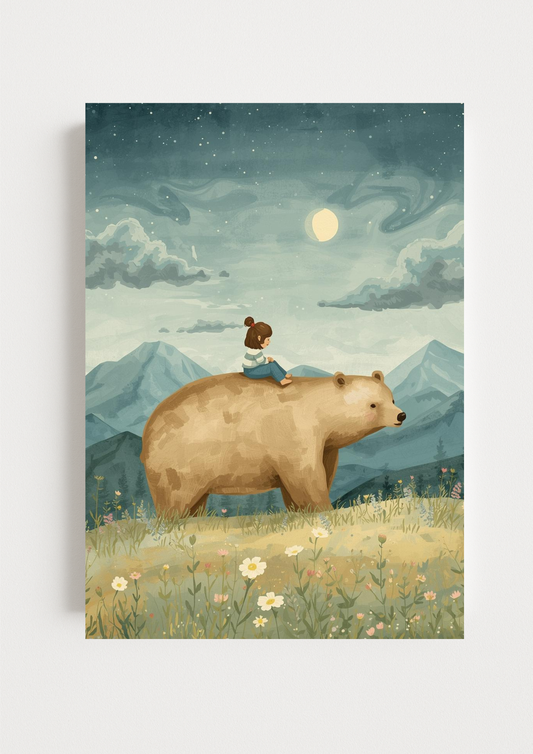Affiche enfant et ours sous la lune – illustration chambre bébé - Univers poétique et minimaliste