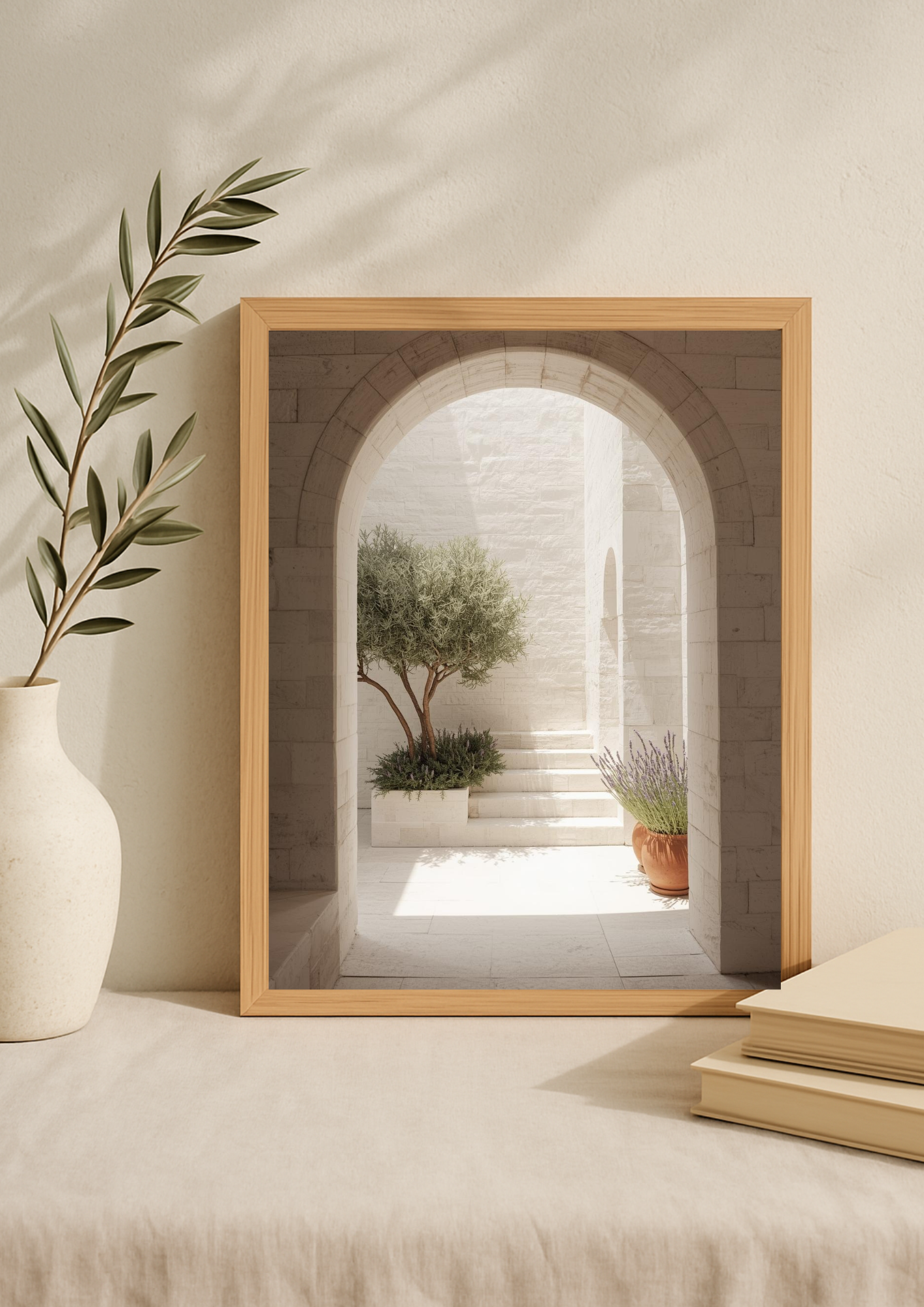 Affiche décoration murale arche en pierre avec olivier et lavande – décoration murale minimaliste beige