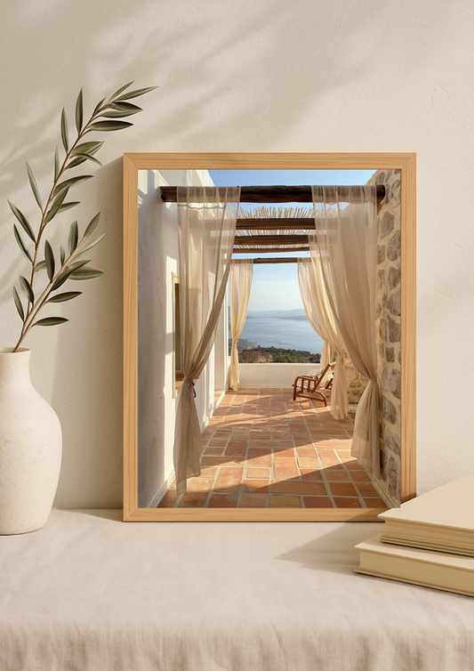 Affiche terrasse méditerranéenne avec pergola bois et vue mer – décoration murale lumineuse