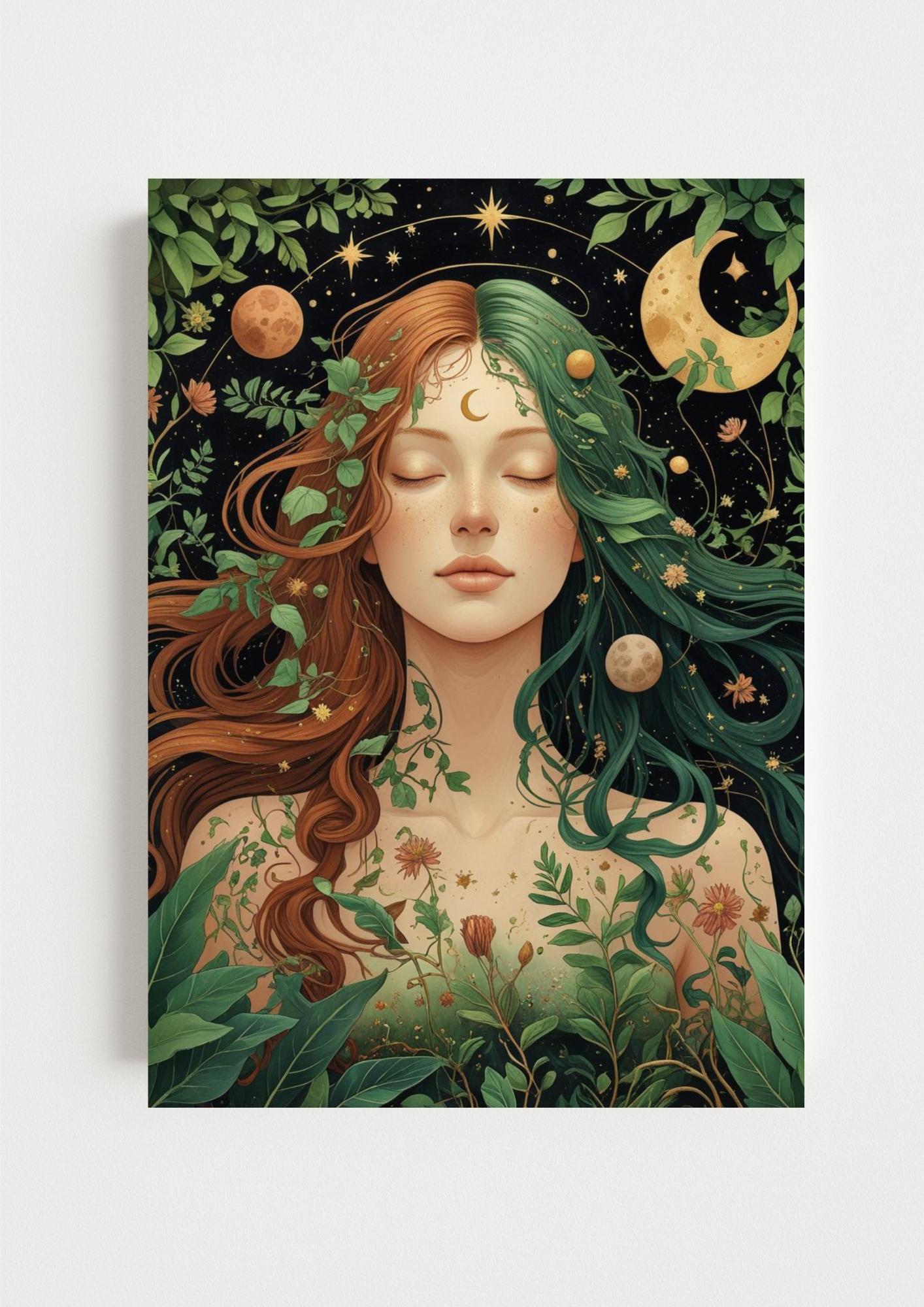 Affiche femme mystique nature – Illustration lunaire bohème