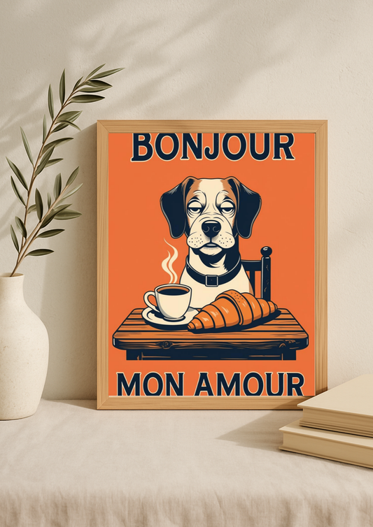 Collection chien - Affiche chien humour vintage – Bonjour mon amour café croissant