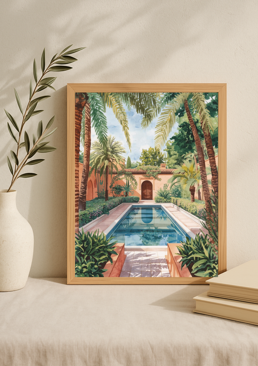 Affiche riad marocain – patio avec piscine et palmiers – décoration murale méditerranéenne - jardin de Majorelle