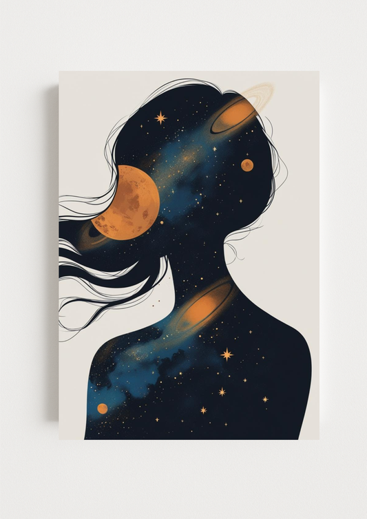 Collection Mystique - Affiche décorative femme cosmique – Silhouette astrale et univers – Art mural bohème