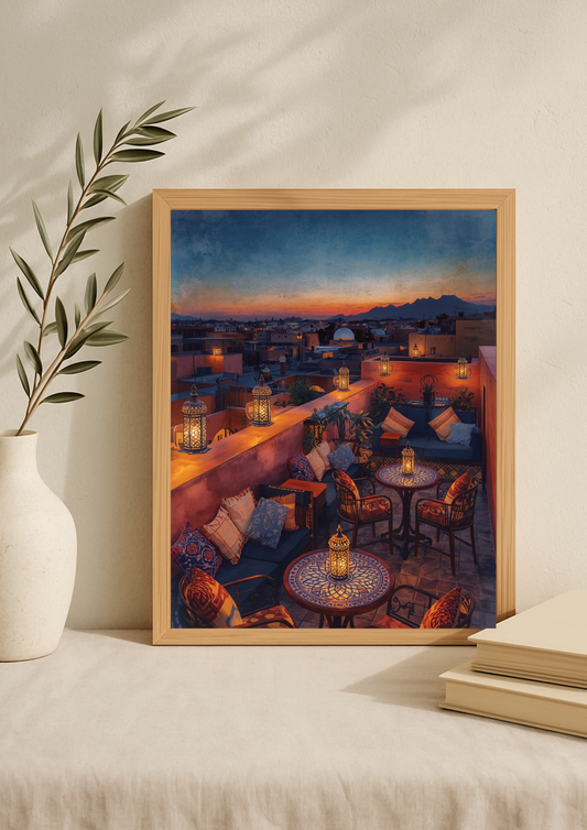 Affiche terrasse orientale au coucher de soleil – lanternes et médina