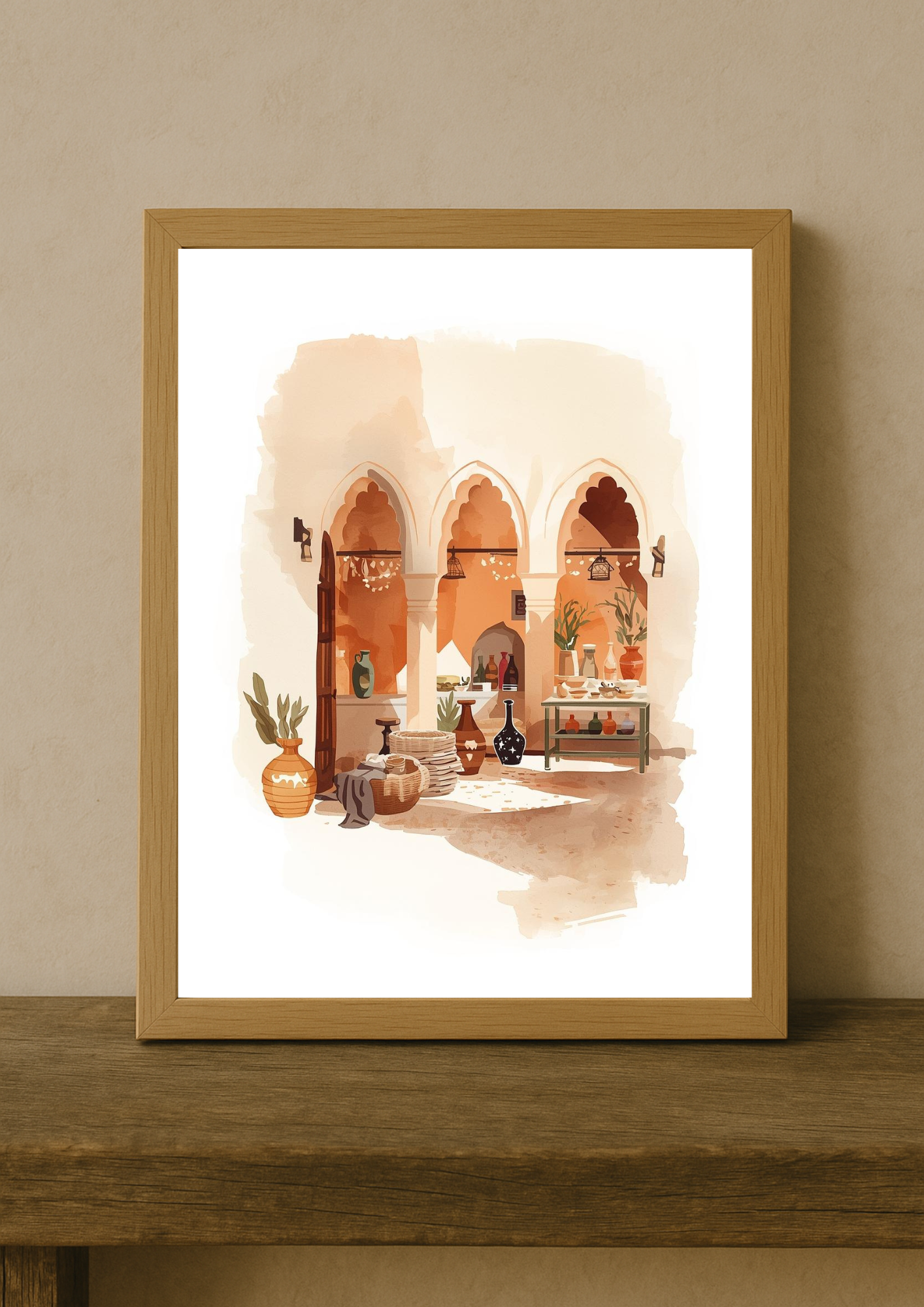 Affiche patio marocain – arches orientales et artisanat – décoration murale chaleureuse