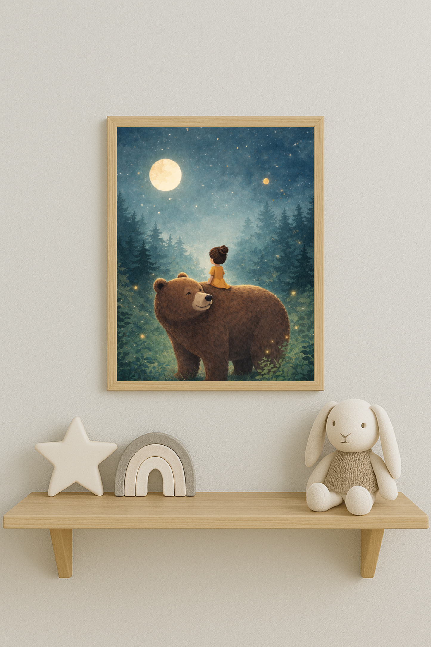 Affiche enfant fille et ours sous la lune – illustration chambre bébé - Univers poétique et minimaliste