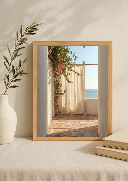 Affiche terrasse méditerranéenne vue mer – décoration murale bord de mer