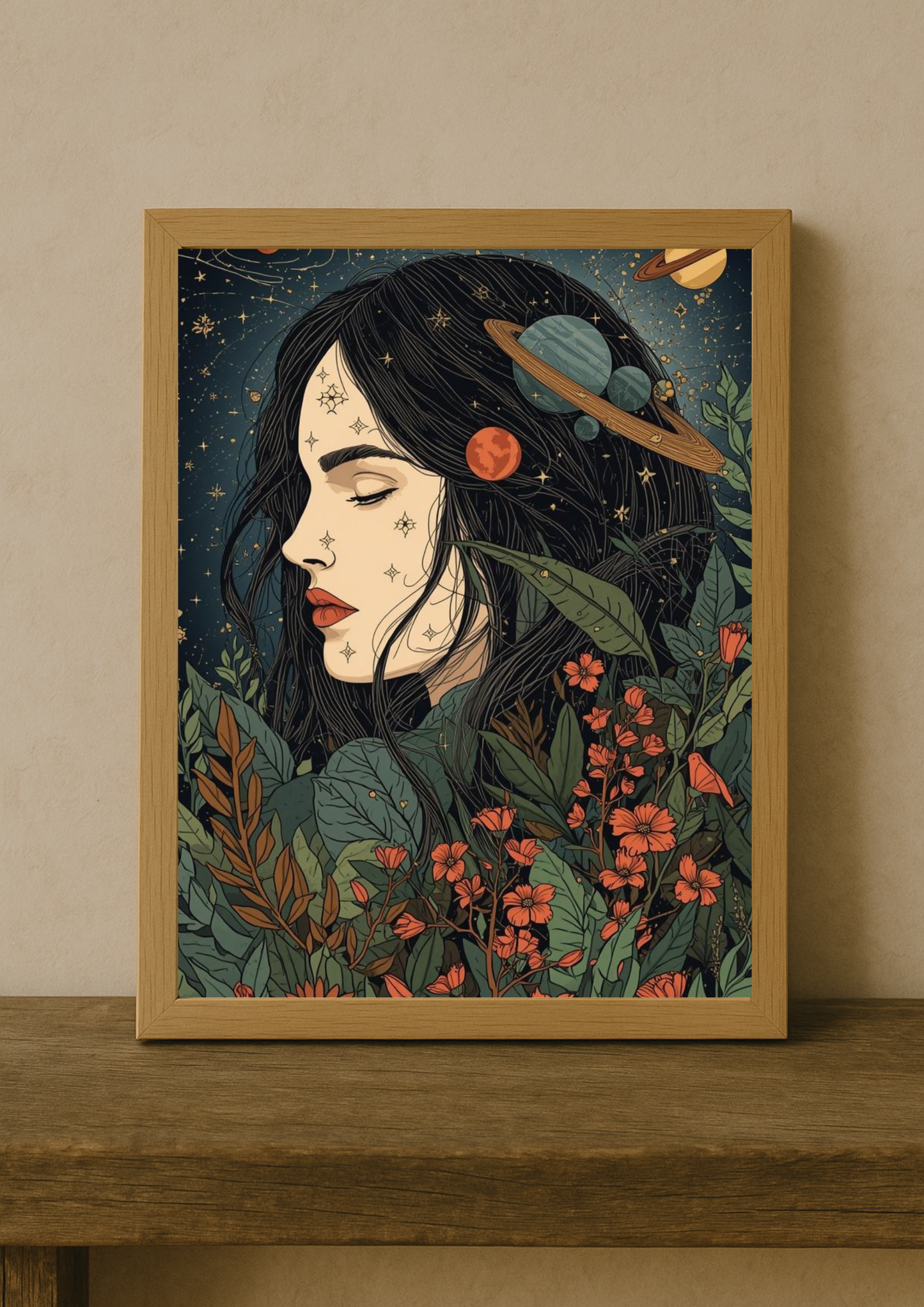Affiche décorative femme astrale et florale – Art mural bohème – Déco murale A4 – Idée cadeau femme