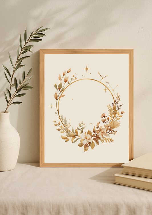 Affiche couronne florale dorée – décoration murale bohème minimaliste