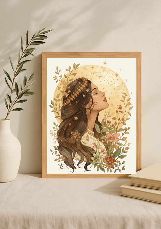 Affiche femme bohème et lune dorée – illustration astrologique florale
