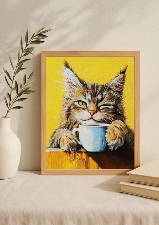 Affiche Chat & Café A4 – Poster Chat Malicieux | Déco Murale Animaux
