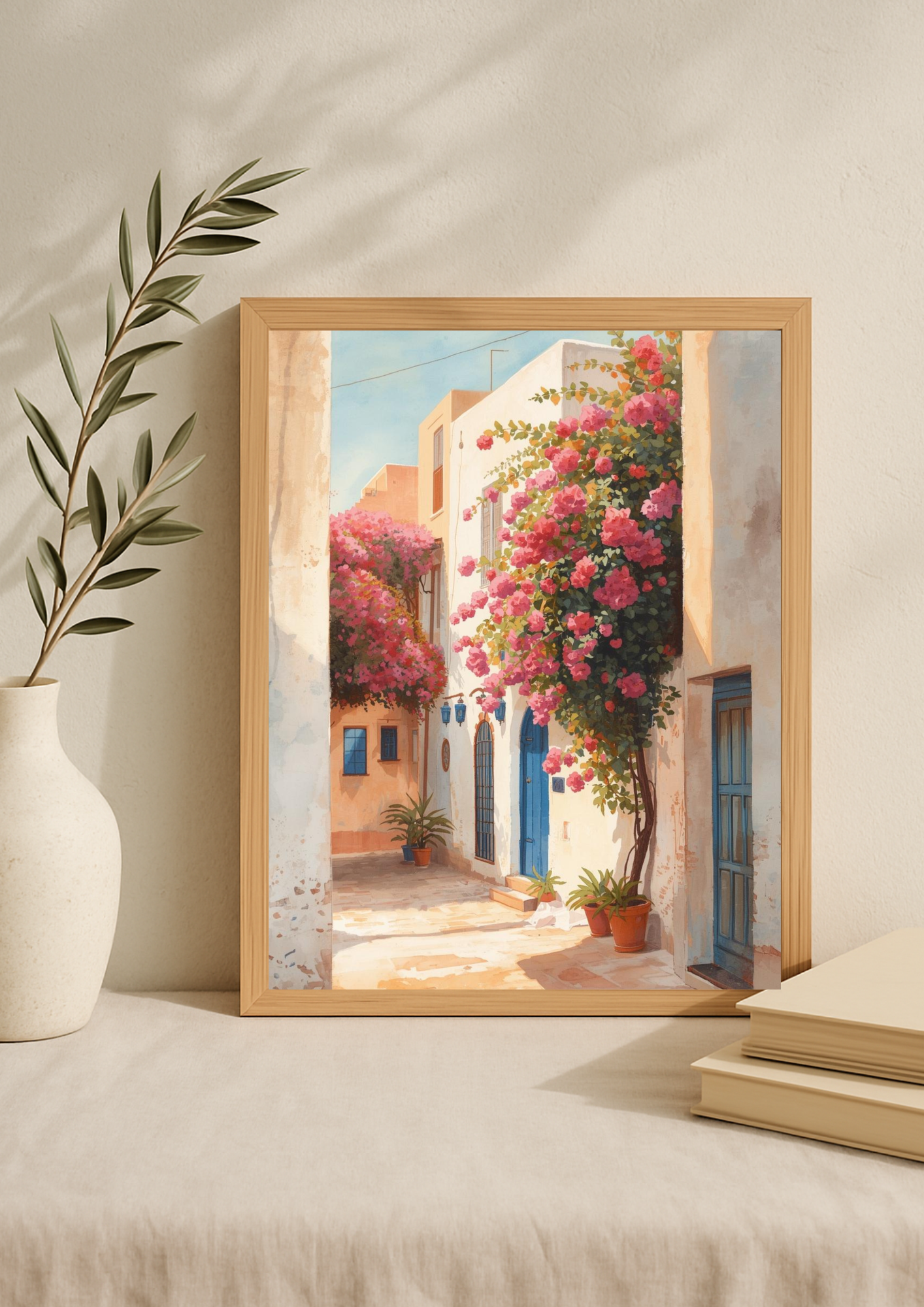 Affiche ruelle méditerranéenne – bougainvilliers roses et portes bleues – décoration murale lumineuse