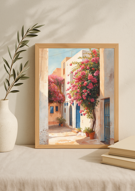 Affiche ruelle méditerranéenne – bougainvilliers roses et portes bleues – décoration murale lumineuse