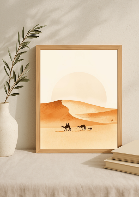 Affiche désert minimaliste – caravane de chameaux – décoration murale sable et terracotta