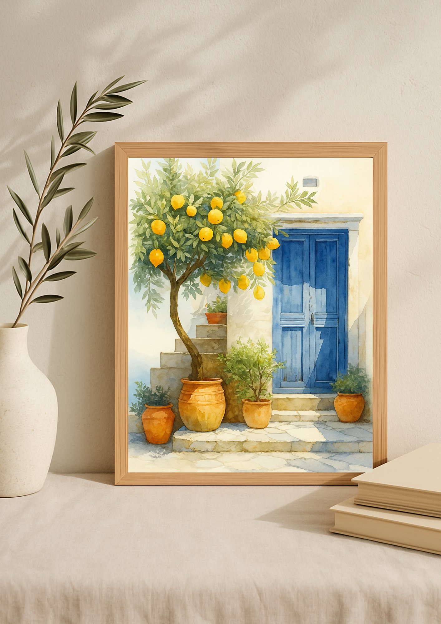 Affiche citronnier méditerranéen aquarelle – porte bleue et pots en terre cuite
