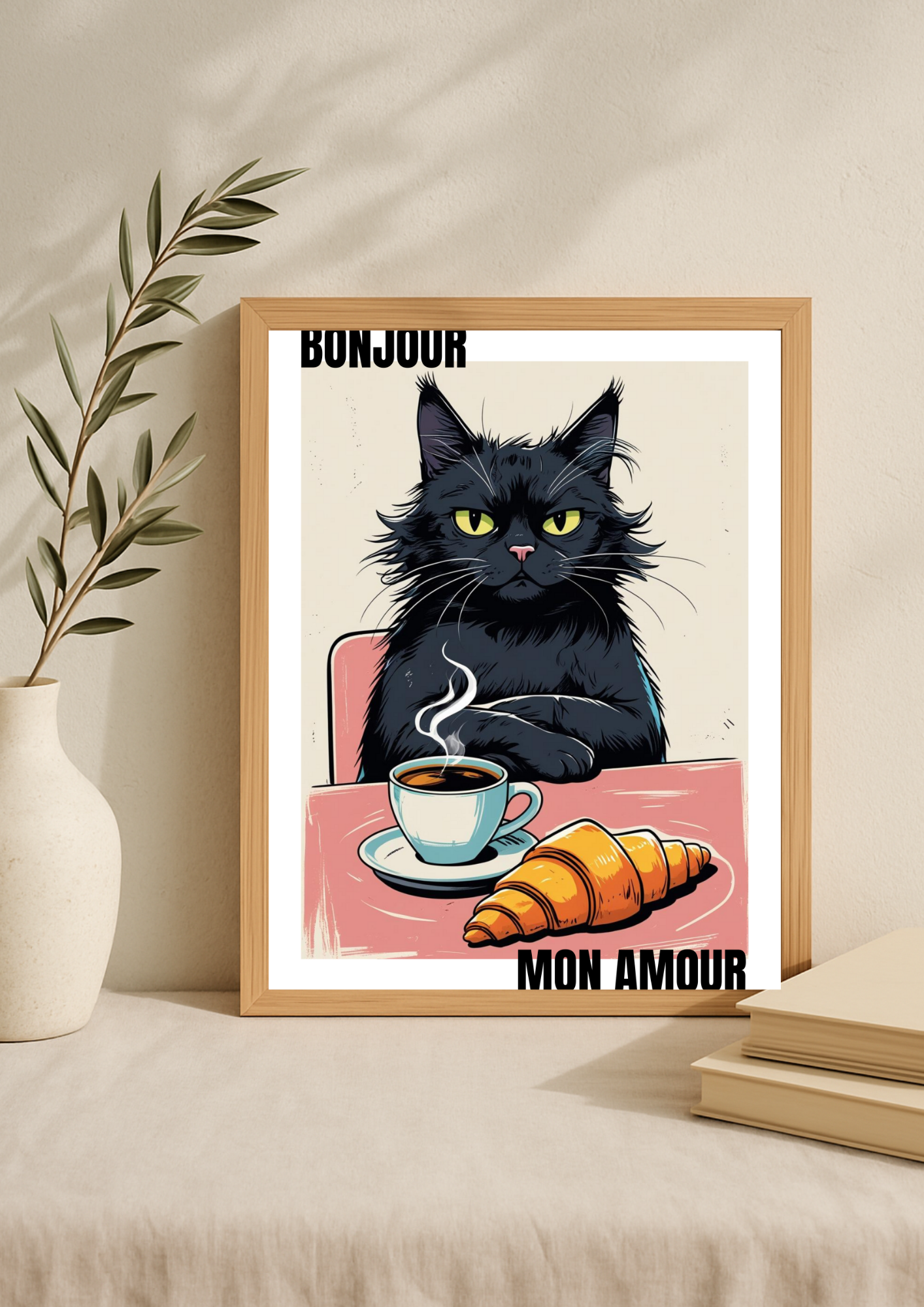Affiche Chat Bonjour Mon Amour A4 – Poster Chat & Café | Déco Murale Cuisine