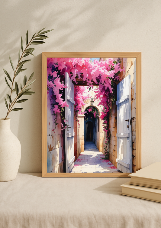 Affiche ruelle méditerranéenne aux bougainvilliers roses – décoration murale ambiance sud