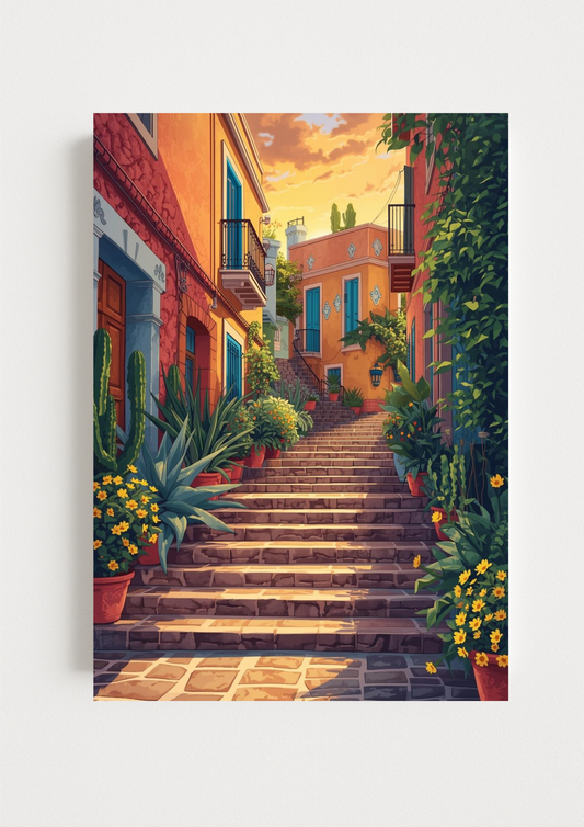 Affiche ruelle colorée – Escaliers en pierre et maisons du sud – Décoration murale - Cactus
