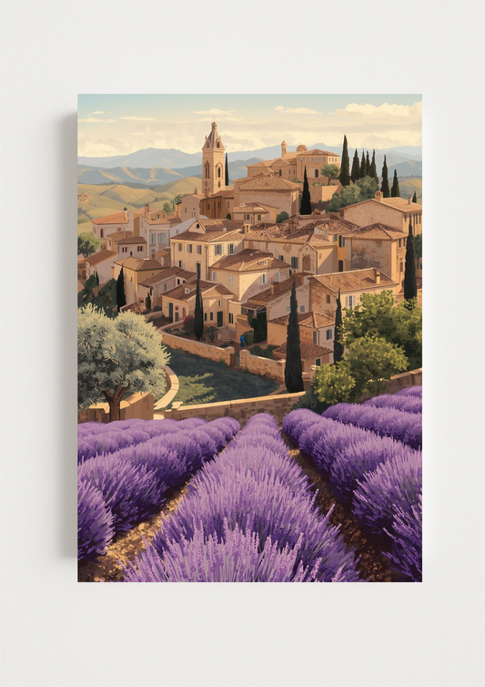 Affiche champs de lavande et village provençal – Décoration murale