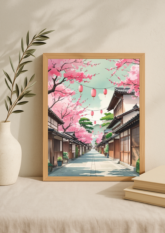 Affiche Kyoto - Rue typique Japonaise - Japon - Fleurs de cerisier - Lanterne