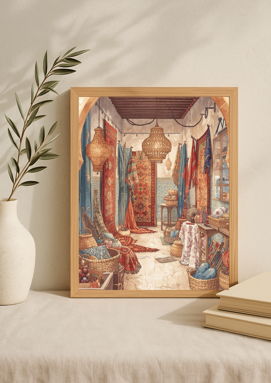 Affiche souk oriental – boutique de tapis et lanternes bohème, décoration murale