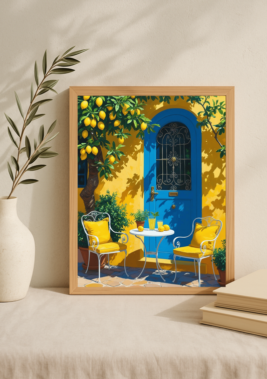 Affiche méditerranéenne – Terrasse avec porte bleue et citronnier – Décoration murale colorée