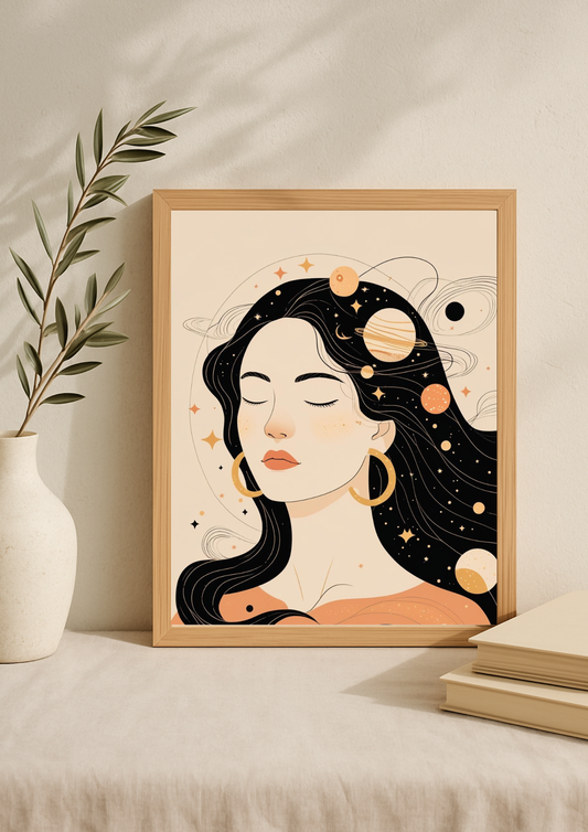 Affiche décorative femme astrale – Art mural bohème minimaliste – Déco murale A4 – Idée cadeau femme