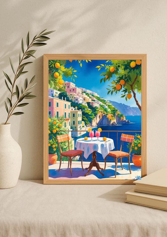 Affiche terrasse méditerranéenne – Vue mer et orangers – Décoration murale